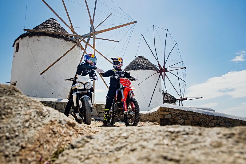 Robbie Maddison and Aaron Colton seen during Ripping Mykonos in Mykonos, Greece on May 12, 2019.